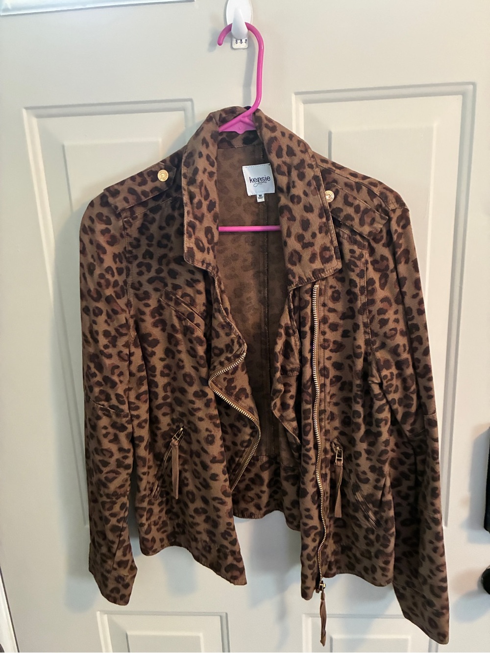 Kensie Leopard-Print Brown Suede-Look Moto Jacket